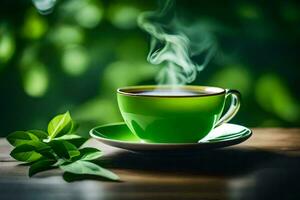 une tasse de vert thé sur une en bois tableau. généré par ai photo