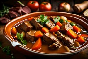 une bol de du boeuf Ragoût avec des légumes et carottes. généré par ai photo