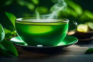 une tasse de vert thé avec une feuille sur le côté. généré par ai photo