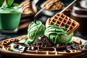 une gaufre avec Chocolat et la glace crème. généré par ai photo