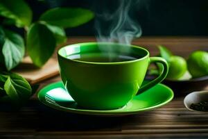 vert thé dans une tasse sur une en bois tableau. généré par ai photo