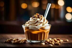 cacahuète beurre la glace crème avec fouetté crème et cacahuètes sur une en bois tableau. généré par ai photo