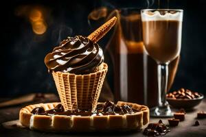 Chocolat la glace crème dans une gaufre cône avec une verre de café. généré par ai photo