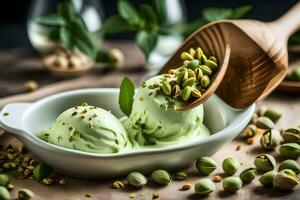 pistache la glace crème avec pistache des noisettes dans une bol. généré par ai photo