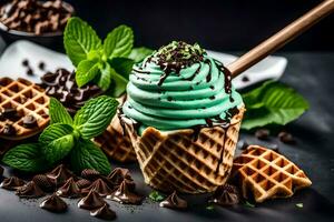 Chocolat gaufre avec menthe Chocolat et menthe feuilles. généré par ai photo