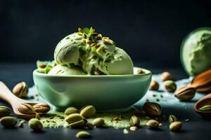 pistache la glace crème dans une bol avec pistaches et une cuillère. généré par ai photo