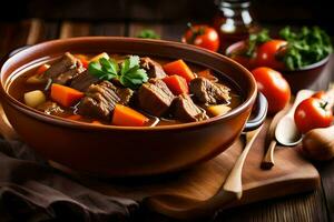 une bol de du boeuf Ragoût avec des légumes et herbes. généré par ai photo