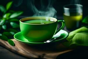 une tasse de vert thé sur une en bois tableau. généré par ai photo