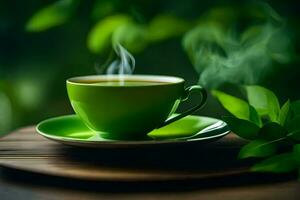 une tasse de vert thé sur une en bois tableau. généré par ai photo