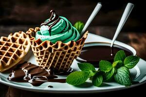 Chocolat la glace crème dans une gaufre cône avec menthe feuilles sur une en bois tableau. généré par ai photo