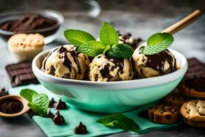 Chocolat la glace crème avec menthe feuilles et biscuits. généré par ai photo