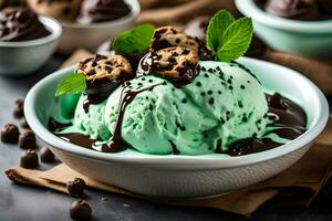 la glace crème avec Chocolat et menthe feuilles. généré par ai photo