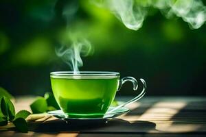 une tasse de vert thé sur une en bois tableau. généré par ai photo
