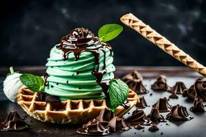 la glace crème avec Chocolat et menthe sur gaufres. généré par ai photo