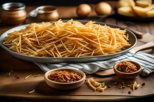 une assiette de frit patates sur une en bois tableau. généré par ai photo