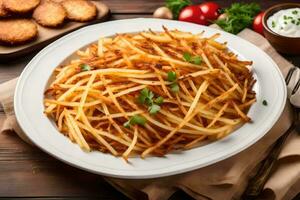 français frites dans une blanc assiette sur une en bois tableau. généré par ai photo