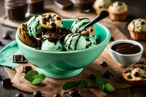 Chocolat puce biscuit la glace crème avec menthe feuilles. généré par ai photo
