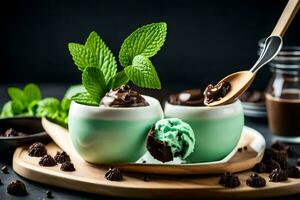 Chocolat menthe la glace crème dans une tasse avec menthe feuilles. généré par ai photo