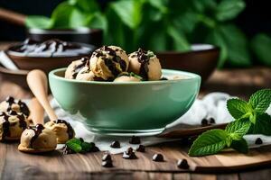 Chocolat puce biscuits avec menthe feuilles dans une bol. généré par ai photo