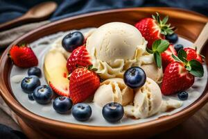 une bol de la glace crème avec des fraises, myrtilles et pommes. généré par ai photo