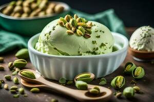 pistache la glace crème dans une bol avec pistaches et une cuillère. généré par ai photo