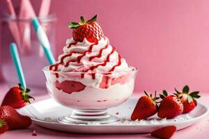 une dessert avec des fraises et fouetté crème. généré par ai photo