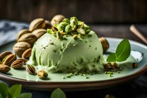 pistache la glace crème avec pistache des noisettes sur une plaque. généré par ai photo