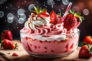 une fraise sundae avec fouetté crème et des fraises. généré par ai photo