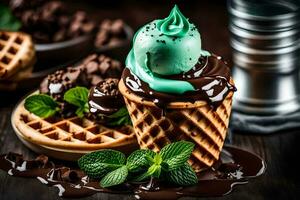 Chocolat la glace crème dans une gaufre cône avec menthe feuilles. généré par ai photo