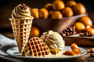 la glace crème gaufre avec caramel et des noisettes sur une en bois tableau. généré par ai photo