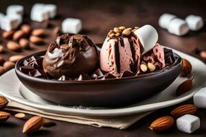 Chocolat la glace crème avec guimauves et amandes. généré par ai photo