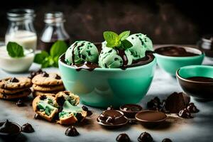 Chocolat menthe la glace crème dans une bol avec biscuits et menthe feuilles. généré par ai photo