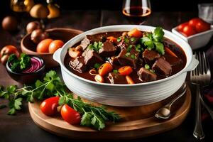 une bol de du boeuf Ragoût avec des légumes et des légumes. généré par ai photo