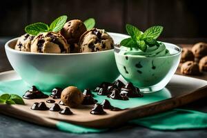 Chocolat puce la glace crème avec menthe feuilles dans une bol et Chocolat frites dans une bol. généré par ai photo