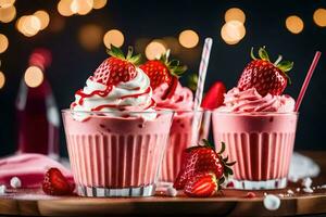 Trois fraise milkshakes avec fouetté crème et des fraises. généré par ai photo