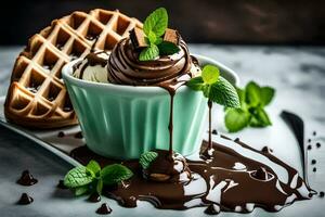 Chocolat la glace crème avec gaufres et menthe feuilles. généré par ai photo