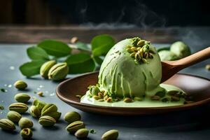 pistache la glace crème avec pistache des noisettes sur une en bois cuillère. généré par ai photo