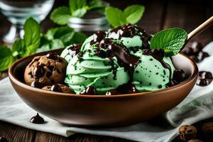 Chocolat la glace crème avec menthe feuilles dans une bol. généré par ai photo