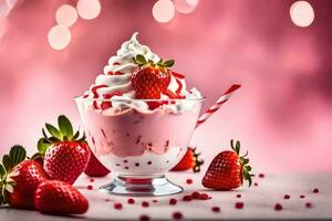 une fraise sundae avec fouetté crème et des fraises. généré par ai photo