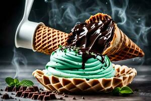 la glace crème et Chocolat dans une gaufre cône. généré par ai photo