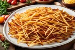 français frites sur une assiette avec tomates et herbes. généré par ai photo