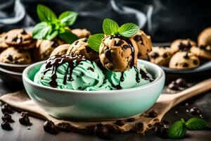 Chocolat puce biscuits la glace crème dans une bol avec menthe feuilles. généré par ai photo