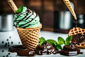 Chocolat la glace crème dans une gaufre cône avec menthe feuilles. généré par ai photo