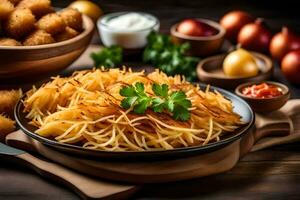 une assiette de Patate frites avec une côté de sauce. généré par ai photo