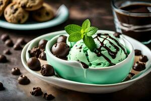 Chocolat puce biscuits et menthe la glace crème. généré par ai photo