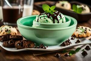 Chocolat menthe la glace crème dans une bol avec biscuits et menthe feuilles. généré par ai photo