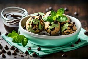 Chocolat puce la glace crème avec menthe feuilles dans une bol. généré par ai photo