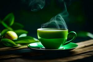 une tasse de vert thé sur une en bois tableau. généré par ai photo