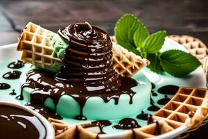 la glace crème avec Chocolat sauce sur une gaufre. généré par ai photo