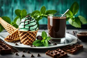 Chocolat la glace crème avec menthe et gaufre cônes sur une en bois tableau. généré par ai photo